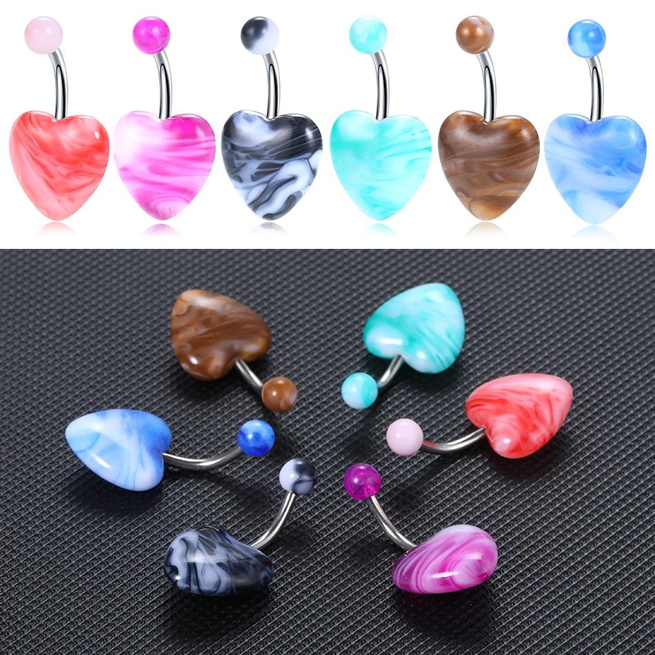 6Pcs/bag Marble Pattern Navel Piercing Heart Design Acrylic Belly