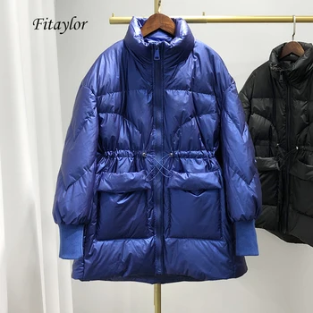

Fitaylor Ultra Light Women Bright Side Down Jacket Winter Warm 90% White Duck Down Loose Parkas Female Sash Tie Up Overcoat