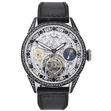 Антикварные резные мужские механические часы с каркасом турбийоном, роскошные бриллиантовые часы с большим циферблатом 50 м, мужские наручные часы из натуральной кожи Moonphase