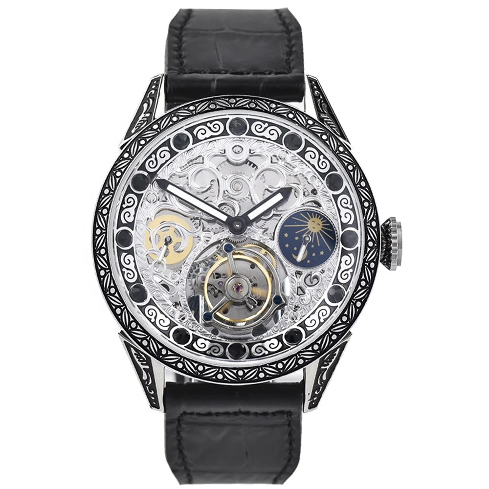 

Antique Carved Men Skeleton Tourbillon Mechanical Watch Luxury Diamond Big Dial 50m Moonphase Genuine Leather Men's Wristwatches
