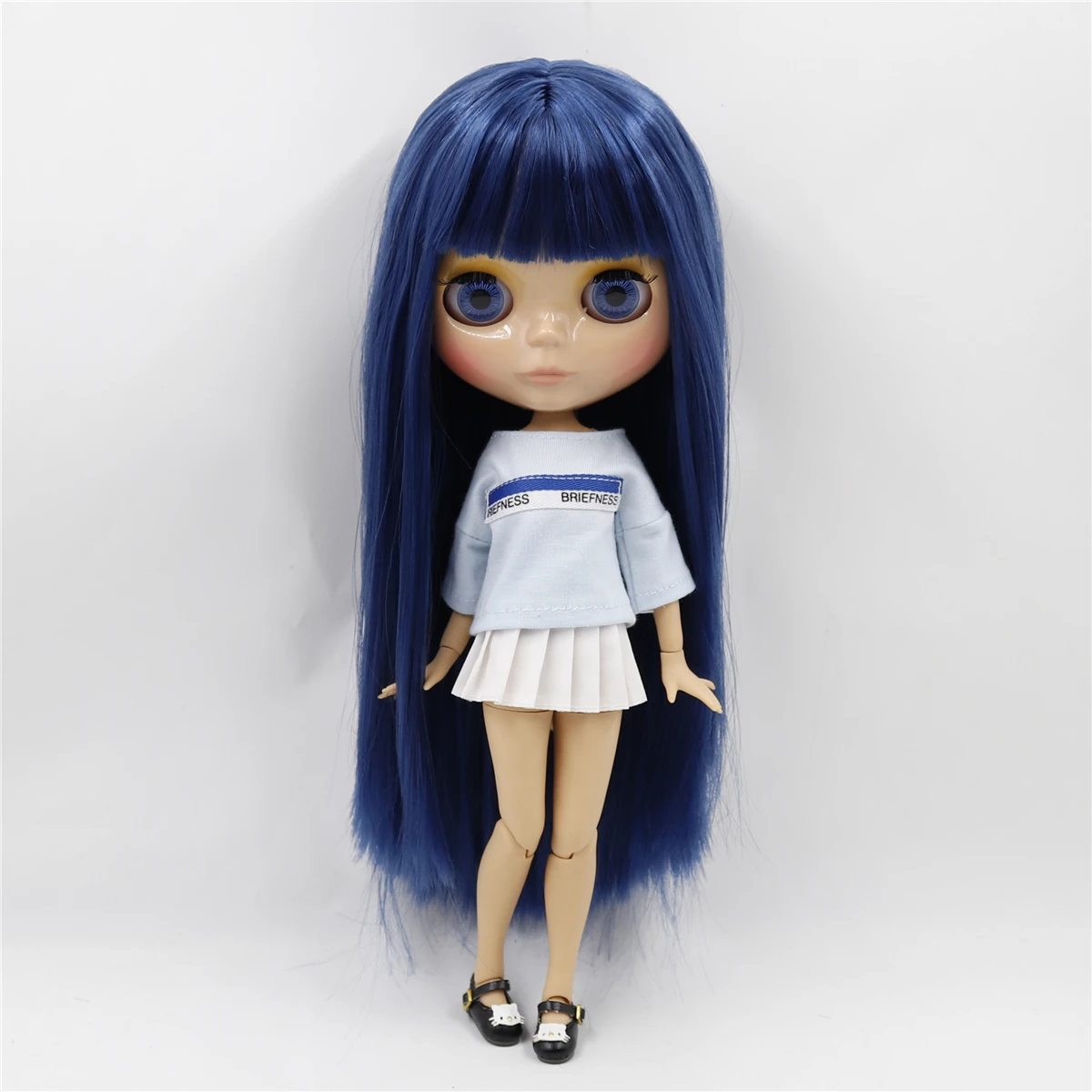 Neo Blythe Doll with Blue Hair, Tan Skin, Shiny Face & Jointed Body 1