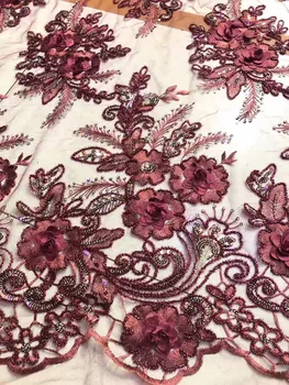 

Wine red sequins gold thread embroidered French mesh African lace Nigeria lace fabric suitable for DIY dress evening dress skirt