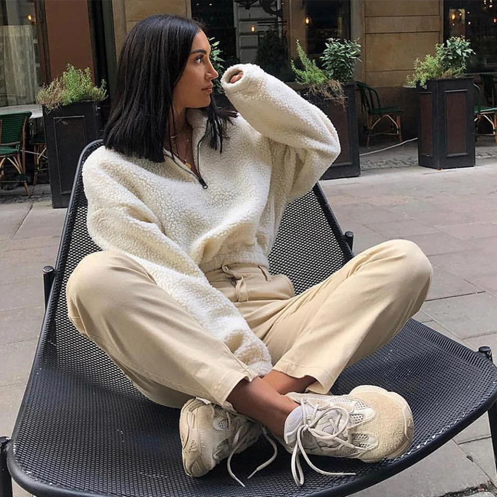 

Autumn Winter Suede Pullovers Zipper V Neck Sweatshirt Long Sleeve Drop-shoulder Women's Sweatshirts Solid Short Crop Top