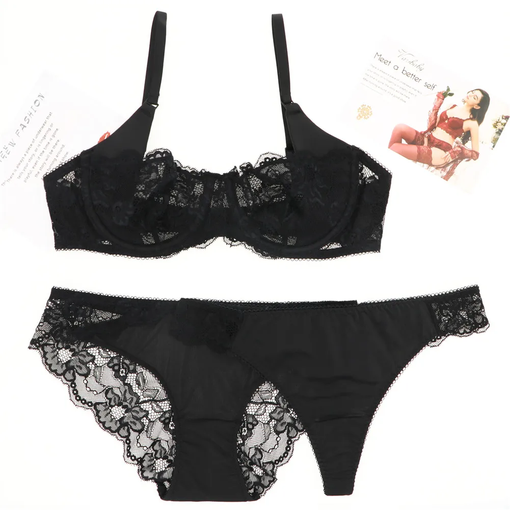 

Ladies lingerie sexy Bra and thong set floral lace low-rise thongs breathable underwear black thong and panties
