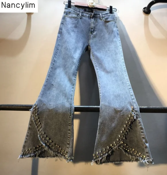 Autumn Vintage Denim Pants Woman Euro New Heavy Drill Rhinestone Diamond High Waist Slim Pencil Pants Jeans Girls Students