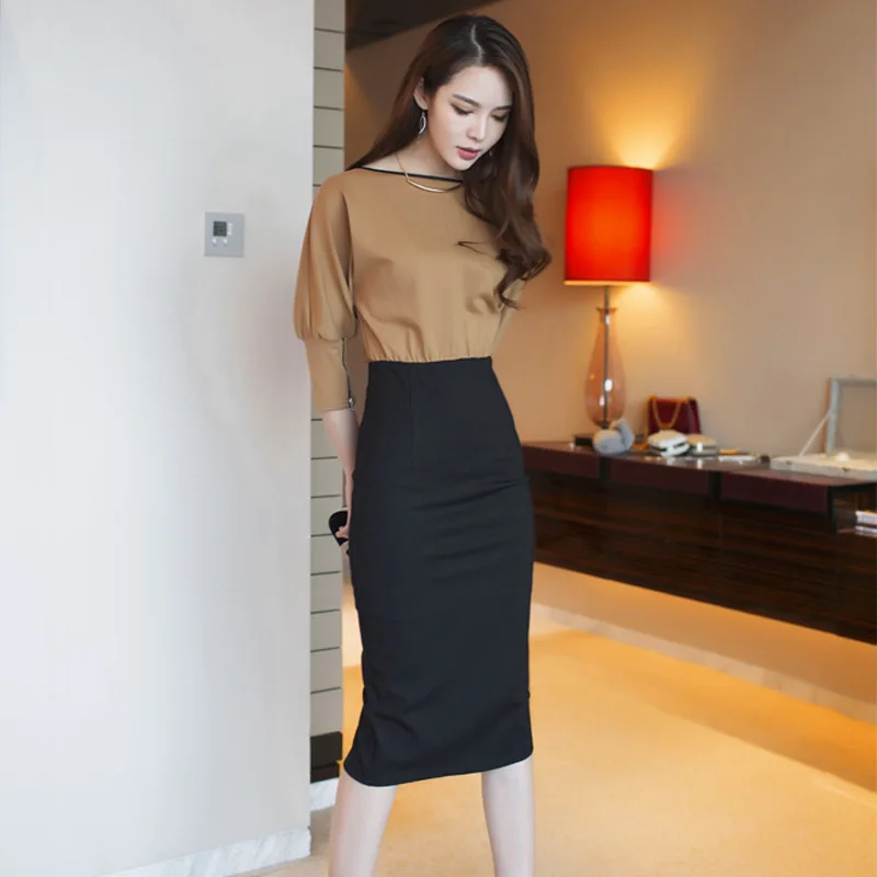 

2017 Autumn And Winter New Style Korean-style Contrast Color Joint Knitted Three-quarter-length Sleeve Mid-length Slim Fit Slimm