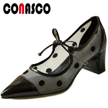 

CONASCO Woman Pumps Genuine Leather Mesh Polka Dot Butterfly-Knot Narrow Band Thick Heels Spring Summer Pointed Toe Shoes Woman