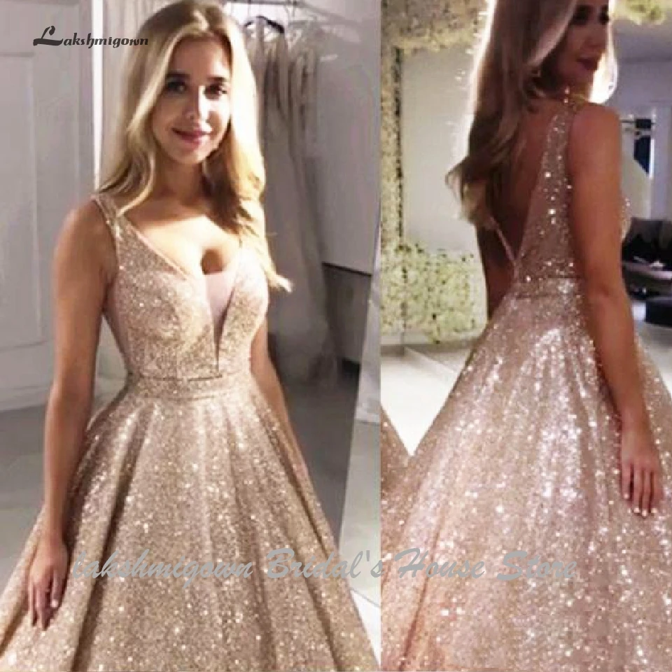 Lakshmigown блестящее Золотое блестящее вечернее платье в Турции с v-образным вырезом сзади сексуальные женские вечерние длинные платья на заказ