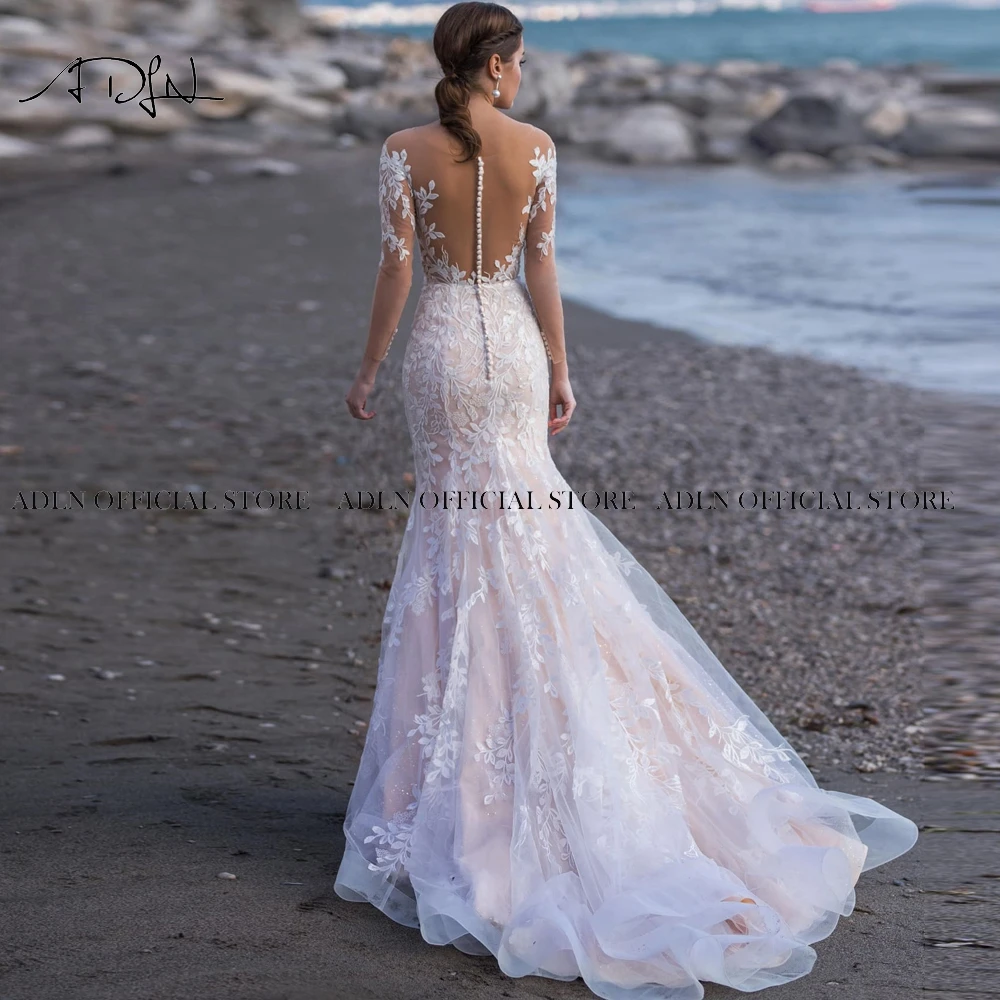 Sexy Scoop Long Sleeves Mermaid Wedding Dresses Customized abito da sposa Sweep Train Lace Bridal Gown vestido de casamento 2