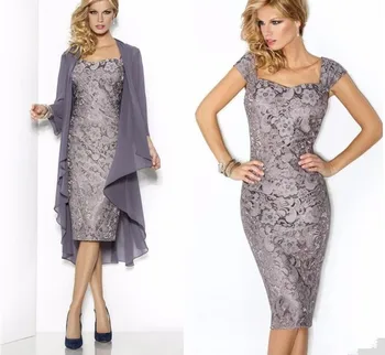 

Gray 2019 Mother Of The Bride Dresses Sheath Knee Length With Jacket Chiffon Lace Plus Size Short Mother Dresses For Wedding