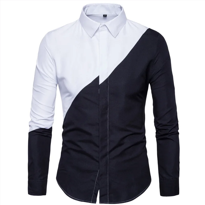 

Mens Shirts Autumn Fashion Masculino Patchwork Shirts Street Dress Streetwear Slim Long Sleeve Mens Hombre Male New 2019 MOOWNUC