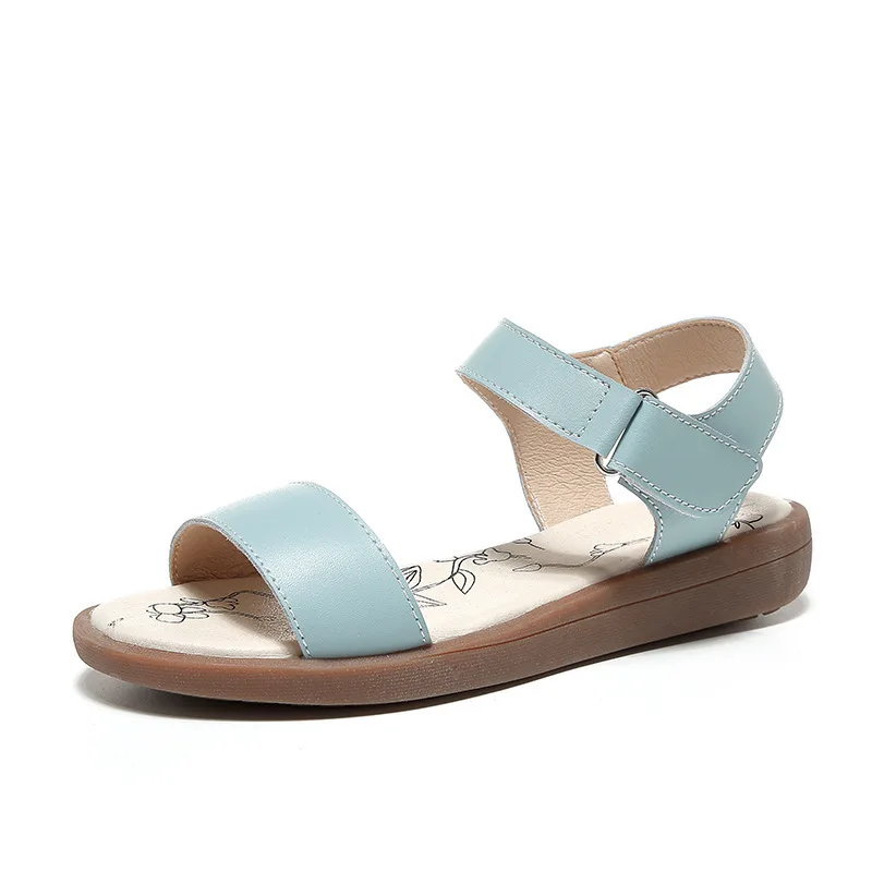 

2019 New Style Summer Genuine Leather Large Size Small Velcro Printed Simple Flat Students Sandals Women's