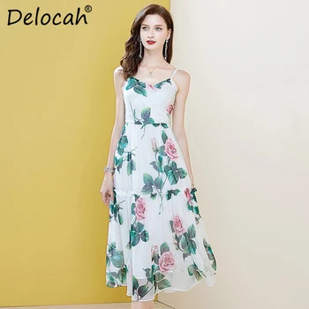 

Delocah Women Fashion Designer Summer Chiffon Dress Sexy Spaghetti Strap Draped Floral Print Slim Ladies Holiday Midi Dresses