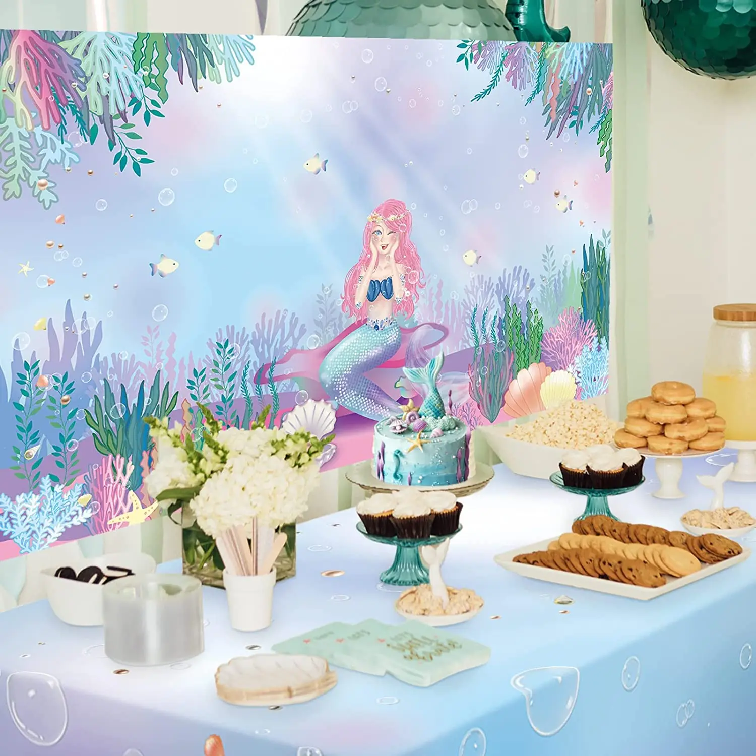 9x5ft Fabric Under The Sea Ocean Table Cover Little Mermaid Birthday Party  Table Decor Bubble Seaweed Beach Print Tablecloth