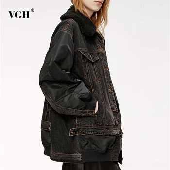 

VGH Patchwork Denim Womens Jackets Lapel Collar Long Sleeve Single Breasted Pocket Female Jacket 2020 Autumn Fashion New Clothes