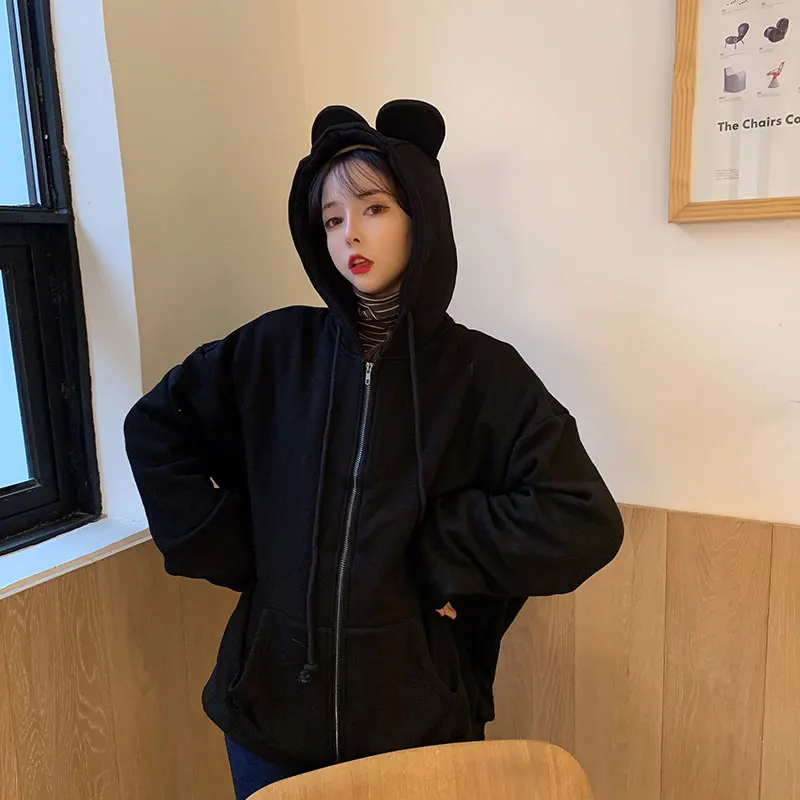 HAYBLST Брендовые женские толстовки на молнии новые осенние зимние Kpop Kawaii повседневные топы свободного кроя размера плюс XL одежда с длинным рукавом
