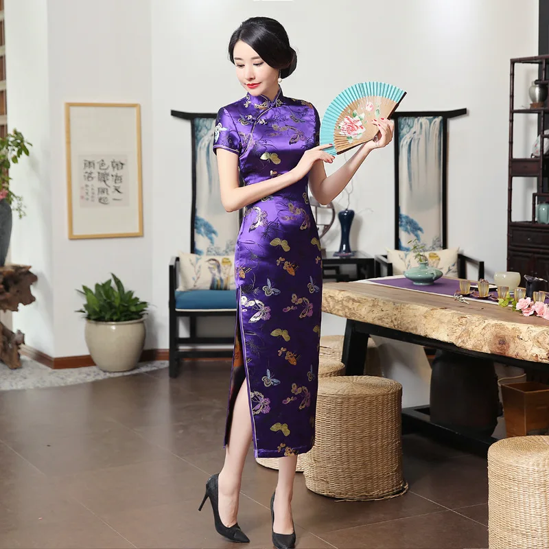 Традиционные китайские длинные Cheongsam платье тонкие цветочные бабочки вечерние