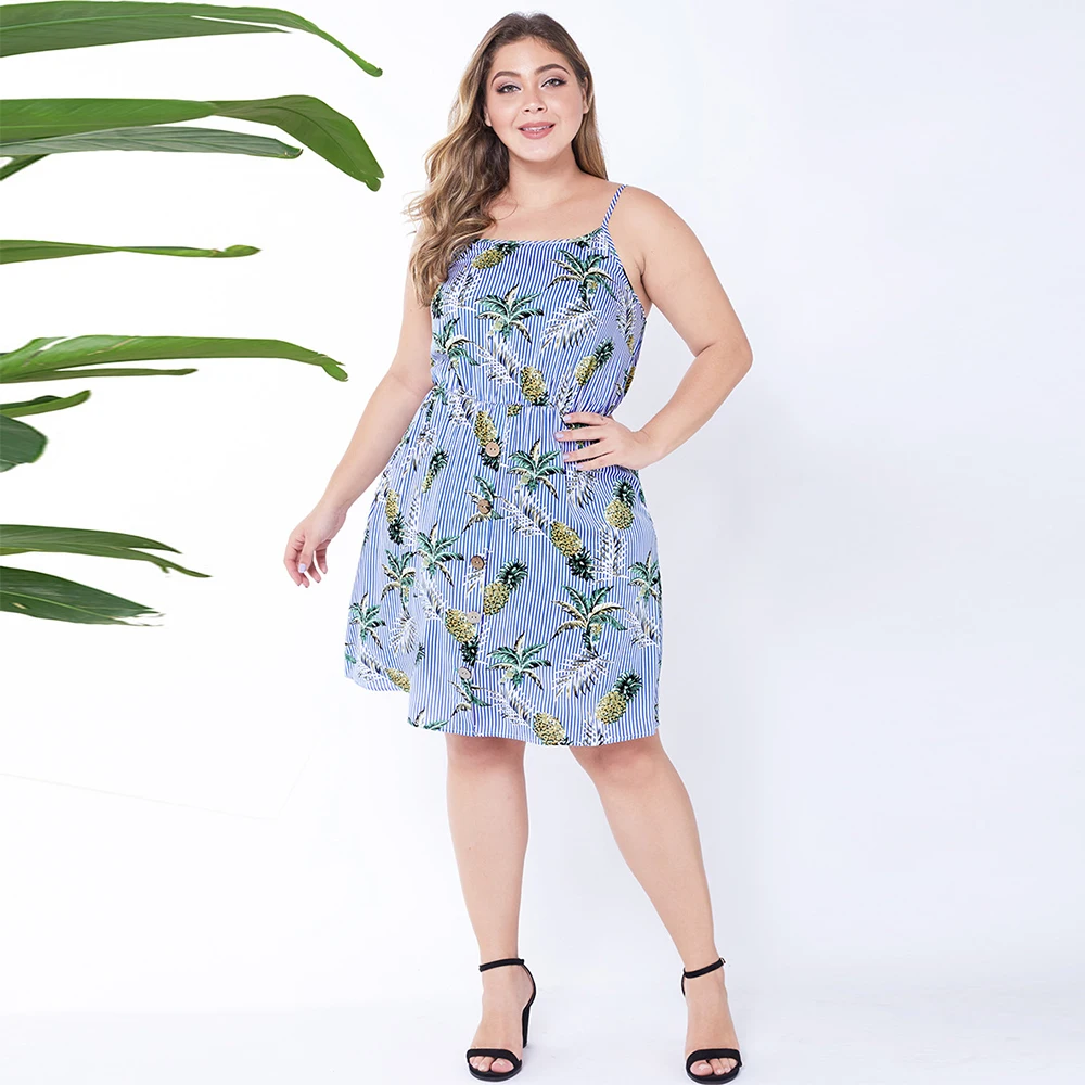 

Youthful Striped Pineapple Printed Dress Woman Plus Size Fashion Spaghetti Strap Backless Clothing Beach Style Midi Gown Vestido