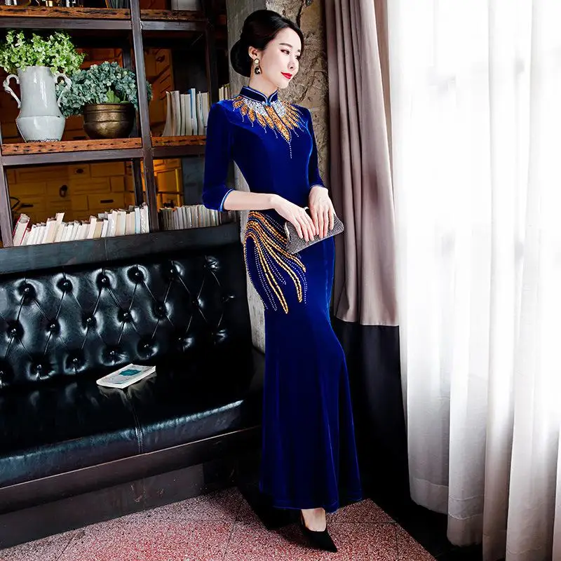 Благородные велюровые женские Qipao классический китайский женский халат со стоячим воротником, с цветочным принтом элегантное китайское платье русалки плюс размер 3XL-4XL Vestidos - Цвет: Blue