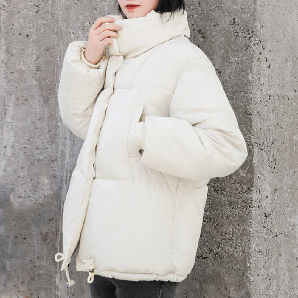 PUIMENTIUA Winter Warm Jacket Women Stand Collar Solid Black White Female Down Coat Loose Womens Plus Size Short Parka New