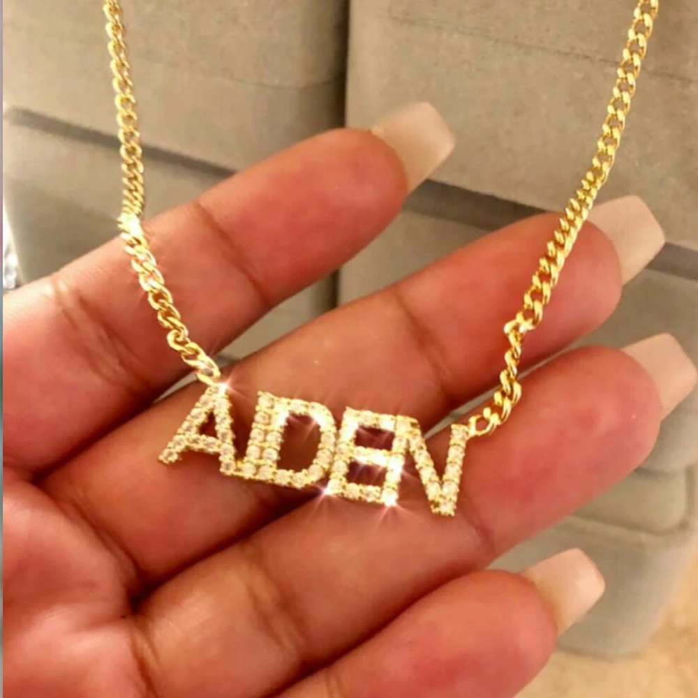 custom gold necklace 9 мм персонализированные имя на заказ ожерелье золото циркон ювелирные изделия кристалл ручной работы кулон-табличка с именем письмо ожерелье подарок для женщин Девушка - Окраска металла: custom gold necklace
