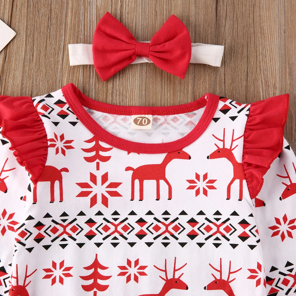 Рождественская Одежда для маленьких девочек 0-18 месяцев, комбинезон в клетку с принтом оленя+ повязка на голову