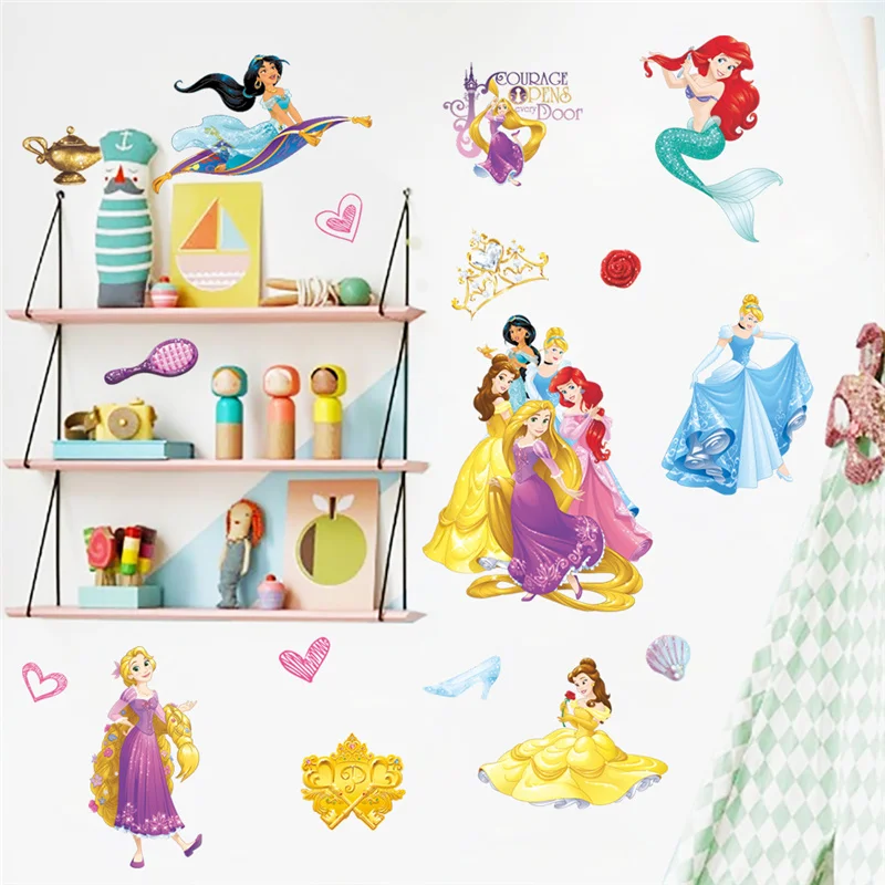 Cinderella Aurora Snow White Ariel Rapunzel Princess Wall Sticker For Girls Room Decoration Cartoon Pvc Mural Art Kids Decal