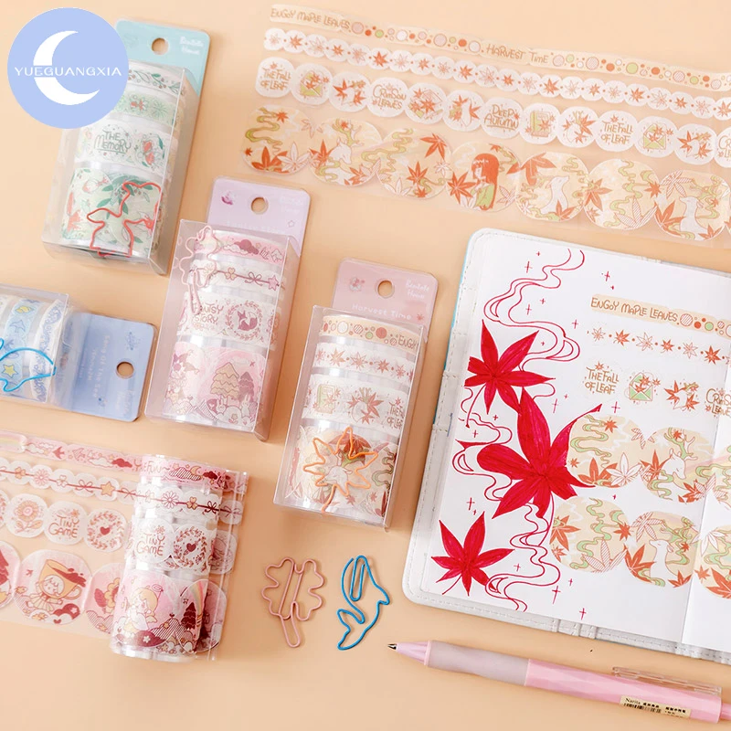 

YueGuangXia 4 Designs Adorable Animal Maple Leave Decoration Washi Tape with Clip Scrapbook Cut-off Rule Pure Color Masking Tape