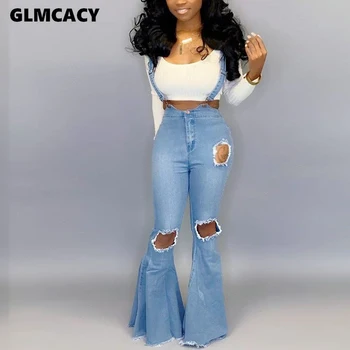 

Women Ripped Hole Distress Denim Overall Wide Leg Bodycon Solid Blue Stretch High Waist Skinny Bell Bottom Jeans