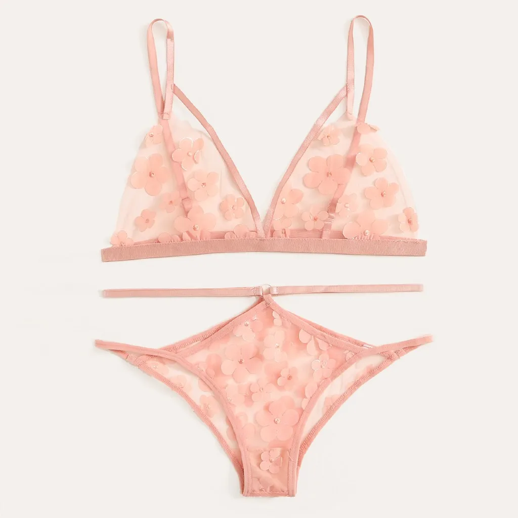 Женское сексуальное нижнее белье, комплект с цветочной аппликацией, бюстгальтер стринги, нижнее белье, сексуальные костюмы, куколка эротическое белье, комплект из 2 предметов