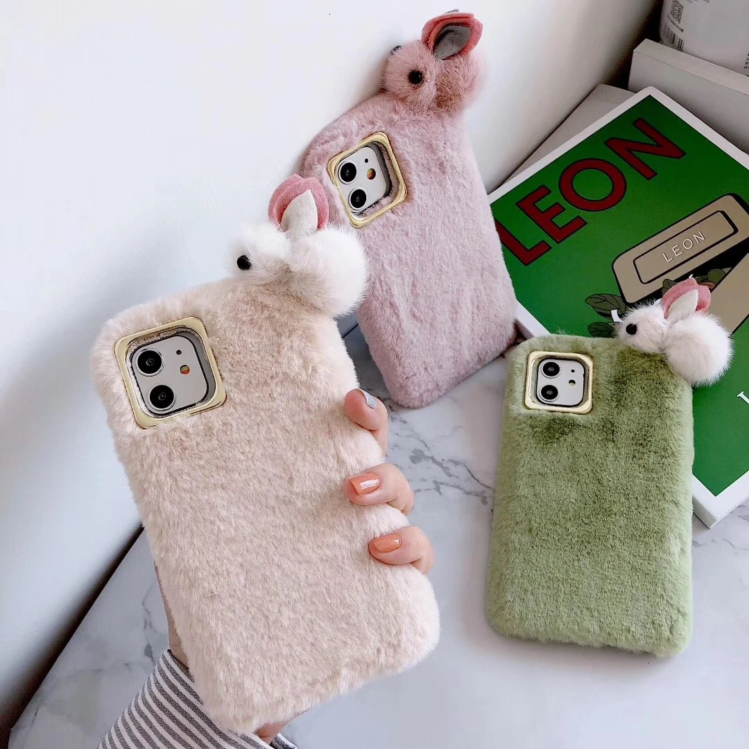 

IMIDO Luxurious Plush Comfortable Warm Case For IPhone 11 Pro Max X XS Max XR 6 6S 7 8 Plus 8 Plus Case Cute Plush Rabbit Case