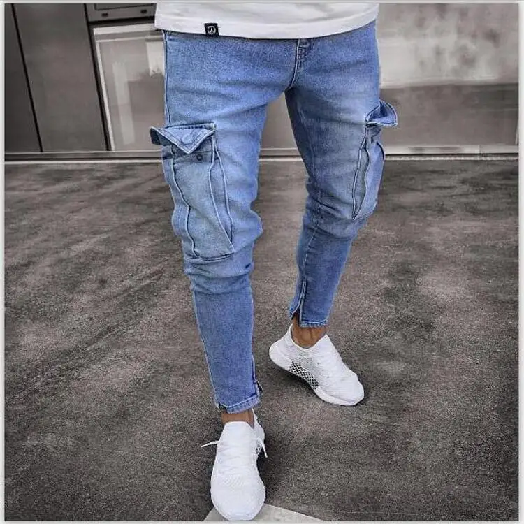 Men s Cargo Jeans Brand Mode Homme Denim Pencil Pants Fashion Big Pocket Slim Fit Distressed 4