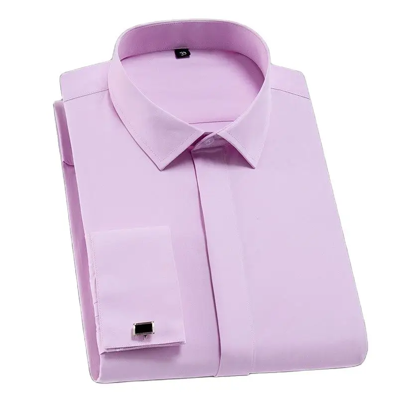 French Cufflinks covered button turndown collar long sleeve solid plain business men slim fit non-iron dress shirts dress shirts