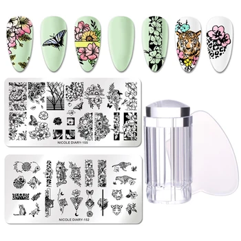 

NICOLE DIARY Nail Stamping Plates Flower Rectangle Stainless Steel Nail Image Stencils Stamping Template Clear Stamper