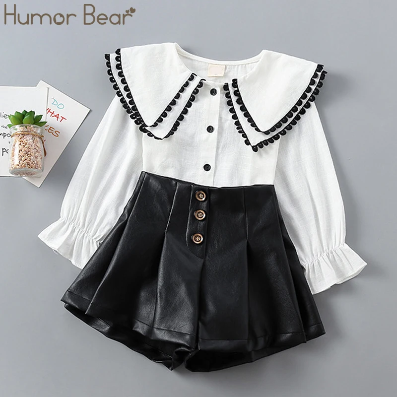 Humor Bear/Модная Одежда для девочек комплект Демисезонный плиссированная рубашка+ кожаные штаны комплект из 2 предметов для малышей, комплект одежды для девочки