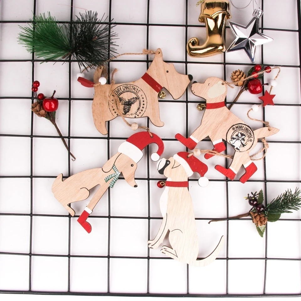 1 шт., Деревянная Рождественская собака, милая подвесная шляпа, подвески с собаками, украшения на елку, детский подарок, поделки из дерева, украшение для рождественской вечеринки