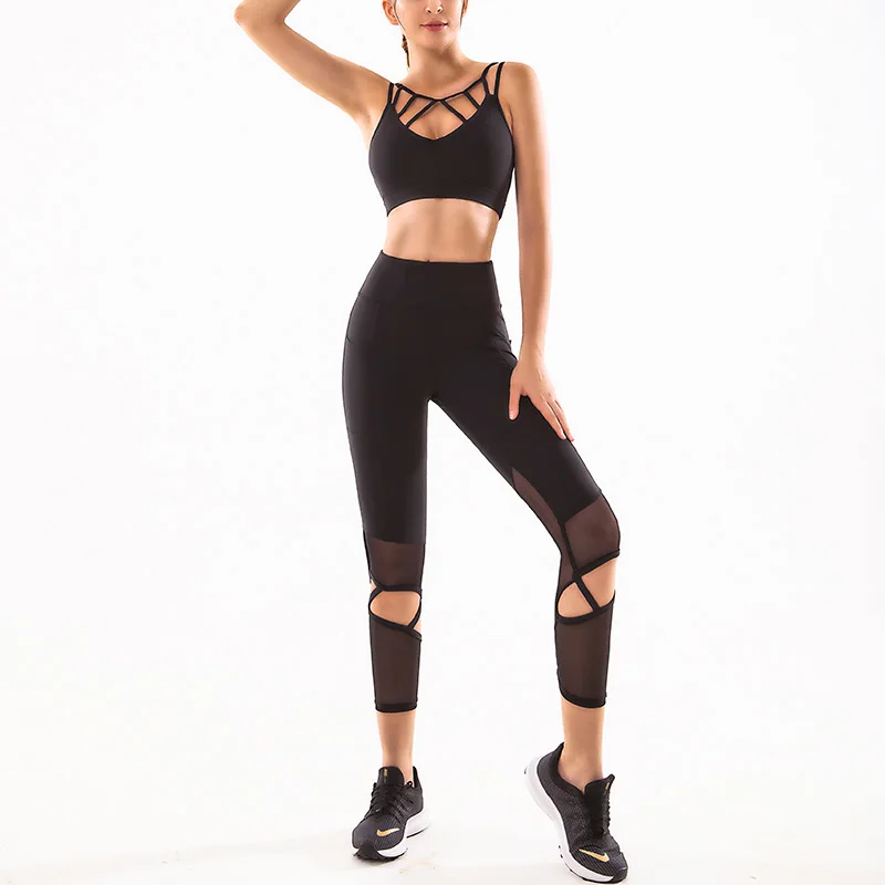 2 Pcs Set Seamless Yoga Set Fitness Clothing Mesh Splicing High Waist Women Gym Leggings Tights Sports Bra Sports Suits