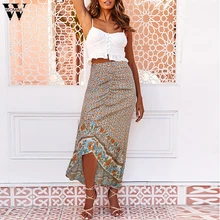Женская Бежевая длинная Асимметричная Женская юбка длиной до щиколотки, богемная юбка с цветочным принтом, плиссированная юбка с высокой талией, сарафан# D