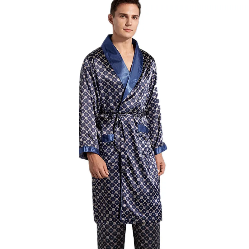 7XL Men Bathrobe Satin Two-Piece Bathrobe Pants OR 2 PCS Shorts Pajama Set Long Sleeve Men Kimono Silky Robe Sleepwear Set