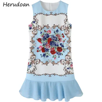 

Herndon Summer Fashion Designer Mini Dress Women Sleeveless Ruffles Multicolor Rose Floral Printed Ladies Elegant Short Dresses