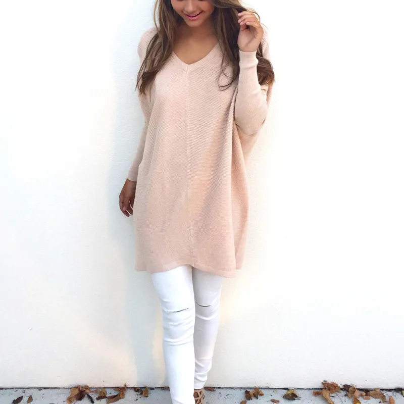 

2019 Oversize Autumn Winter Knitted Women V Neck Long Sleeve Warm Sweater Dress Casual Solid Loose Dress Robe Femme Vestido