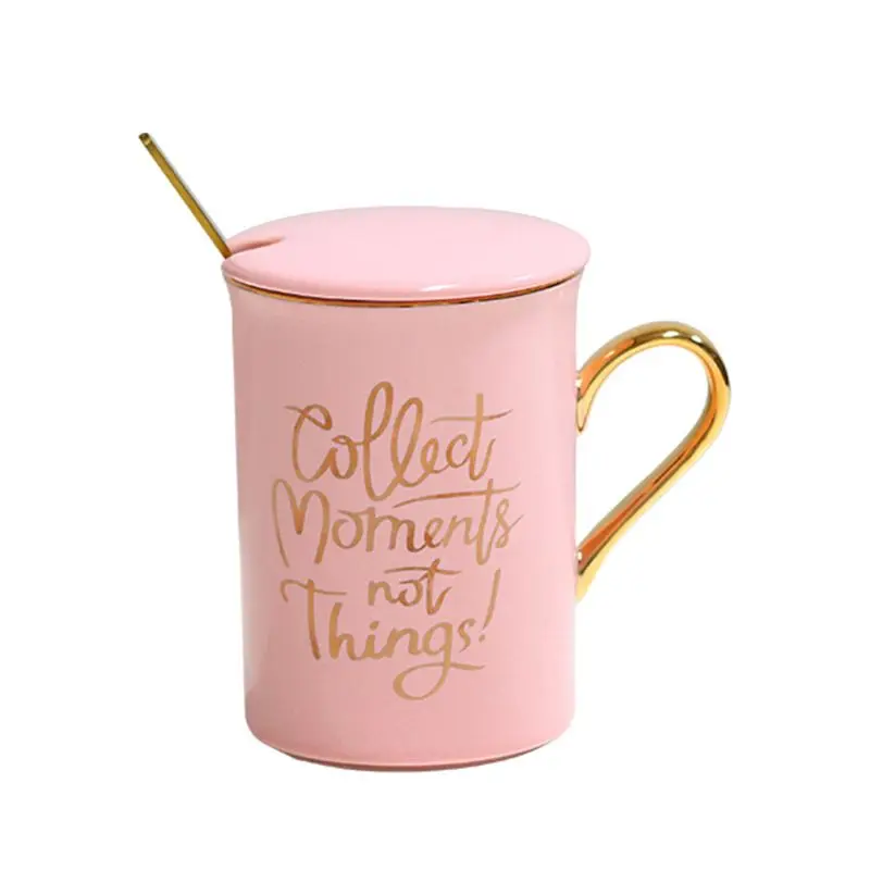 D Керамическая кружка с крышкой "Collect moments not things", ложка из нержавеющей стали, чайная чашка Q1QC - Цвет: D