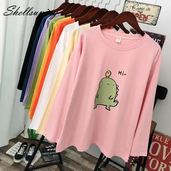 

Shellsuning 9 Colors Full Sleeve Women Tee Spring Chic Cartoon O Neck Basic Bottoming T Shirt Kawaii Print Female Oversized Tops