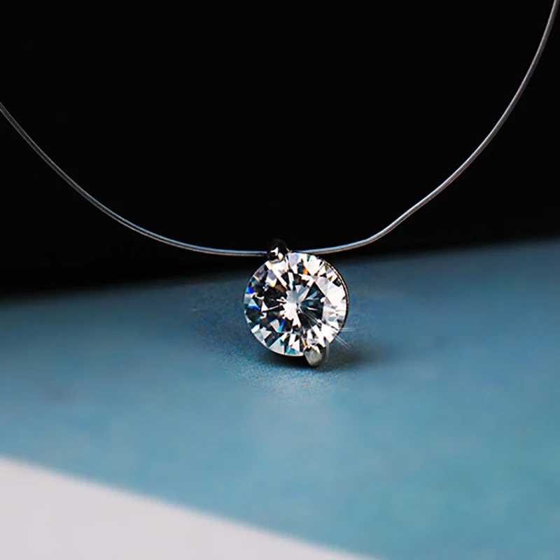 Корейский женский серебряный круглый циркониевый кулон ожерелья Невидимый Прозрачный рыболовный проволочный чокер ювелирные изделия подарок