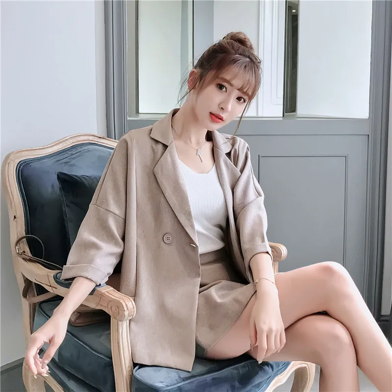 

Women's Suits 2019 Autumn Korean Solid Color Pocket Double Breasted Thin Suit Shorts Botton Skirt Suit