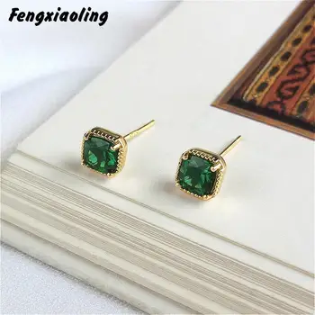 

Fengxiaoling 100% True 925 Sterling Silver Green Cubic Zirconia Geometric Rectangle Stud Earrings For Women Fashion Jewelry