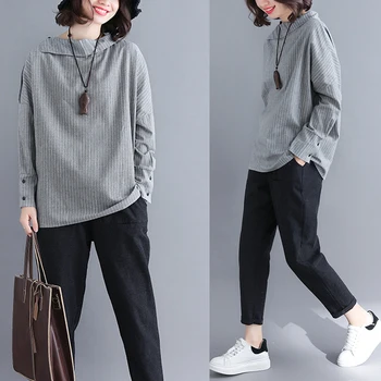 

COIGARSAM Casual Full Sleeve blouse women Spring Striped Loose blusas womens tops and blouses Gray 7052