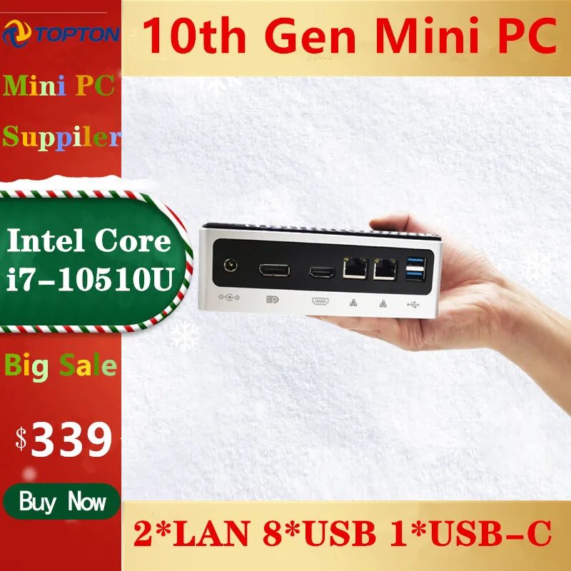 2020 TOPTON New 10th Gen Mini PC Computer Intel i7-10510U 2*DDR4 M.2 SSD 2*LAN 4K HTPC Windows 10 Linux 8*USB USB-C HDMI DP WiFi-5