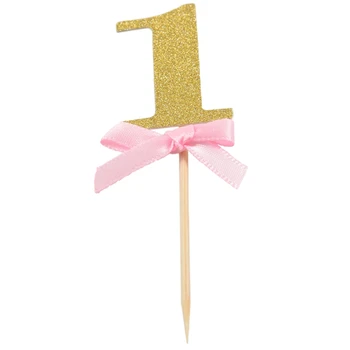 

20Pcs Glitter Gold With Pink Ribbon Bow 1st Birthday Decorations , Number Cupcake Toppers, Party Cake Cupcake Decorative Toppers