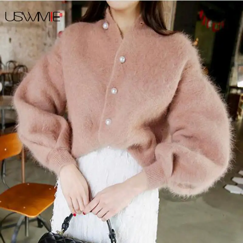 

Mohair Sweater Long Sleeve Winter Cardigan Solid Color Single Breasted Casual Lantern Sleeve Sweet Basic Sweater 2019 Winter